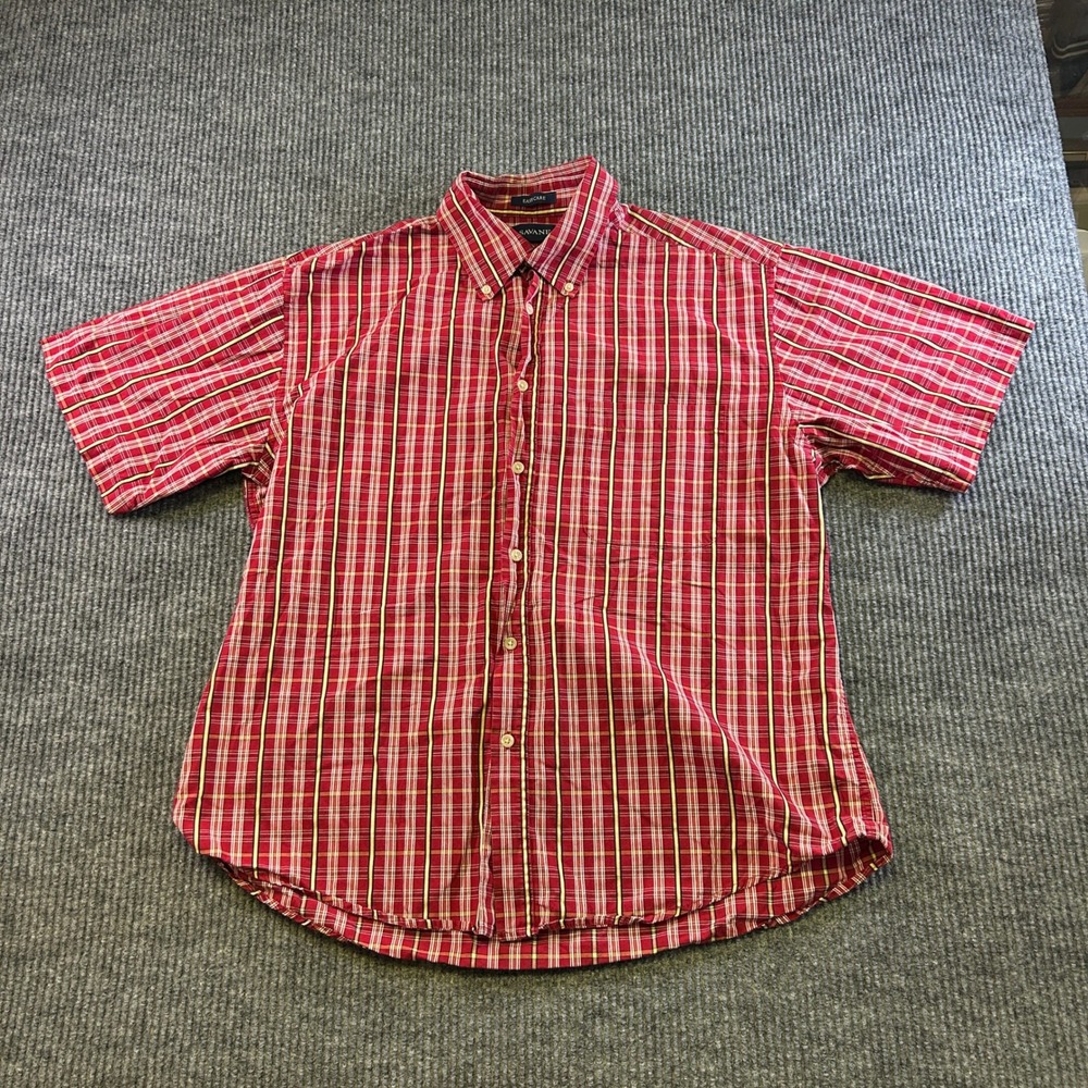 Savane Mens Large Red Plaid Short Sleeve Button Down Shirt Easy Care Cotton